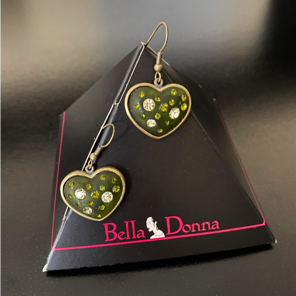 Bella Donna Exclusive Hand Made Earrings Heart Shape in Green White Crystals